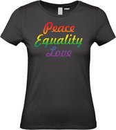 Dames T-shirt Peace Equality Love | Gay pride shirt kleding | Regenboog kleuren | LGBTQ | Zwart dames | maat L