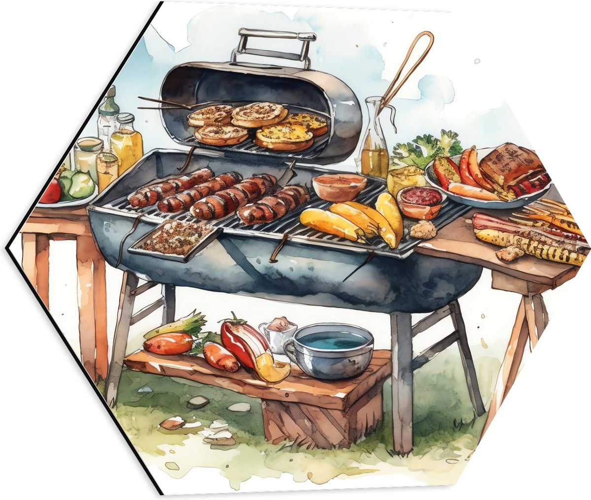 Dibond Hexagon - Tekening met Barbecue met Eten - 50x43.5 cm Foto op Hexagon (Met Ophangsy
