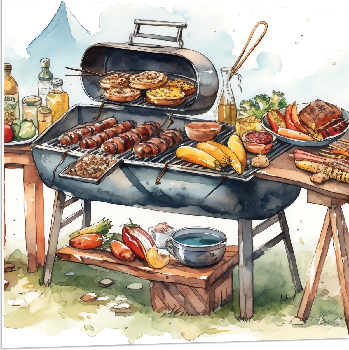 PVC Schuimplaat- Tekening met Barbecue met Eten - 80x80 cm Foto op PVC Schuimplaat