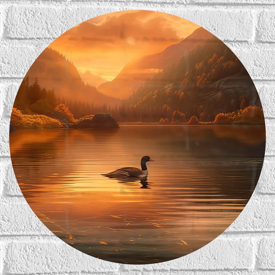 Muursticker Cirkel - Zwaan Dobberend op het Meer in Dal van Bergen bij Oranjekleurige Achtergrond - 50x50 cm Foto op Muursticker