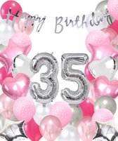 Snoes Ballonnen 35 Jaar Pink Blush Silver Mega Ballon - Compleet Feestpakket 35 Jaar - Verjaardag Versiering Slinger Happy Birthday – Folieballon – Latex Ballonnen - Helium Ballonnen - Zilver en Roze Verjaardag Decoratie