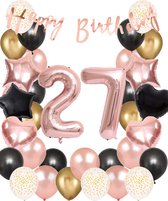 Snoes Ballonnen 27 Jaar Set Mega Rose Black Zwart Ballonen set - Compleet Feestpakket Cijferballon 27 Jaar - Verjaardag Versiering Slinger Happy Birthday – Folieballon – Latex Ballonnen - Helium Ballonnen