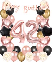 Snoes Ballonnen 42 Jaar Set Mega Rose Black Zwart Ballonen set - Compleet Feestpakket Cijferballon 42 Jaar - Verjaardag Versiering Slinger Happy Birthday – Folieballon – Latex Ballonnen - Helium Ballonnen
