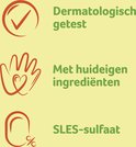 Drie iconen met tekst: Dermatologisch getest, Met huideigen ingrediënten, 0% SLES-sulfaat.