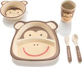Kinderserviesset van kunststof, 5-delige serviesset met diermotieven, beker, kom, bord, lepel en vork voor kinderen (aap)