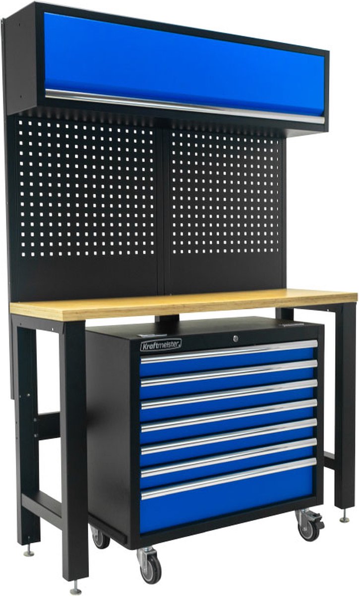 Kraftmeister werkbank met wandkast en gereedschapswagen Multiplex 136 cm blauw