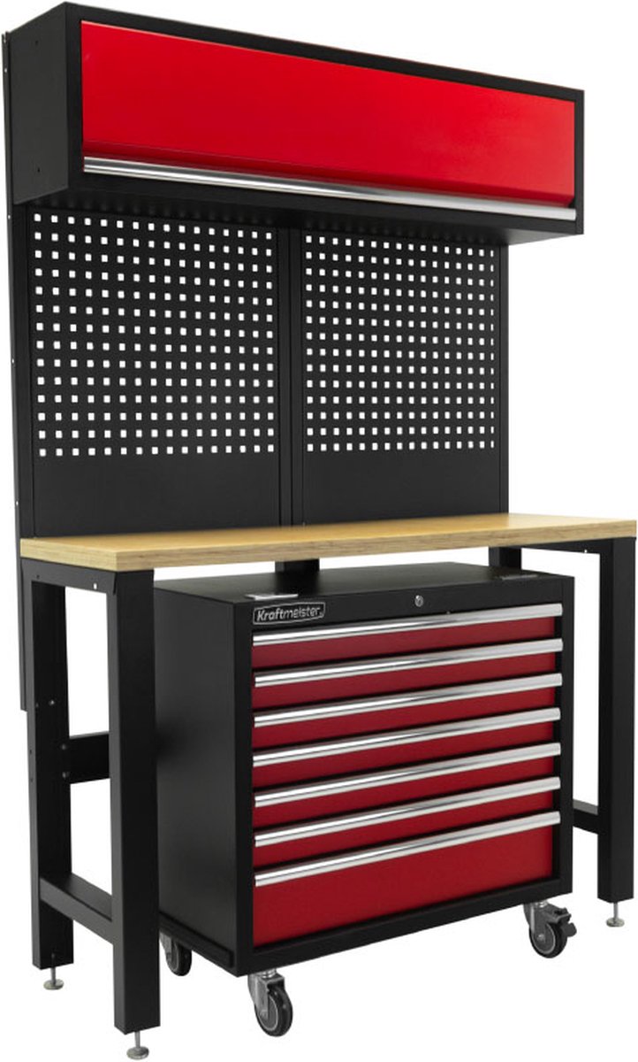 Kraftmeister werkbank met wandkast en gereedschapswagen Multiplex 136 cm rood