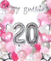 Snoes Ballonnen 20 Jaar Pink Blush Silver Mega Ballon - Compleet Feestpakket 20 Jaar - Verjaardag Versiering Slinger Happy Birthday – Folieballon – Latex Ballonnen - Helium Ballonnen - Zilver en Roze Verjaardag Decoratie