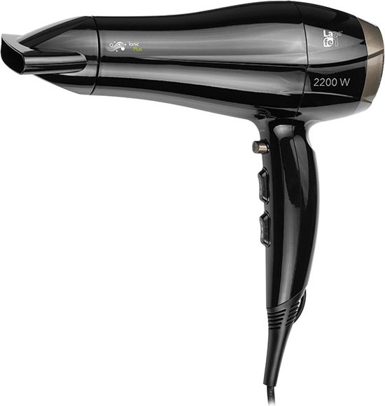 Zwarte Lafe haardroger, 2200W, met 'Ionic Plus' logo en gladde mond.