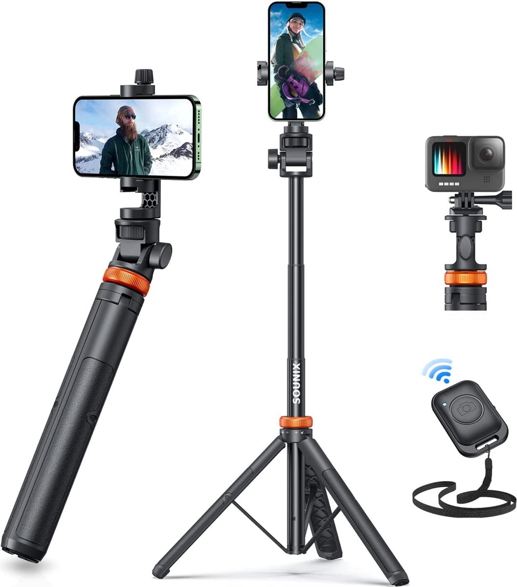 Sounix SelfieStick Tripod - Camerastatief - 160cm - Selfiestick Universeel - Tripod voor iPhone Samsung en Action Cam
