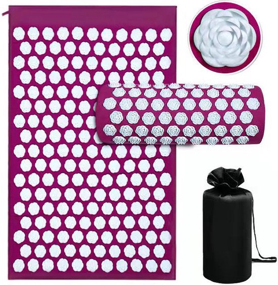 Positievevibes - Acupressuur Mat met Kussen - Shakti mat - Spijkermat - Inclusief spijkerkussen - Inclusief Opbergtas - 68x42x2cm - Paars/Wit