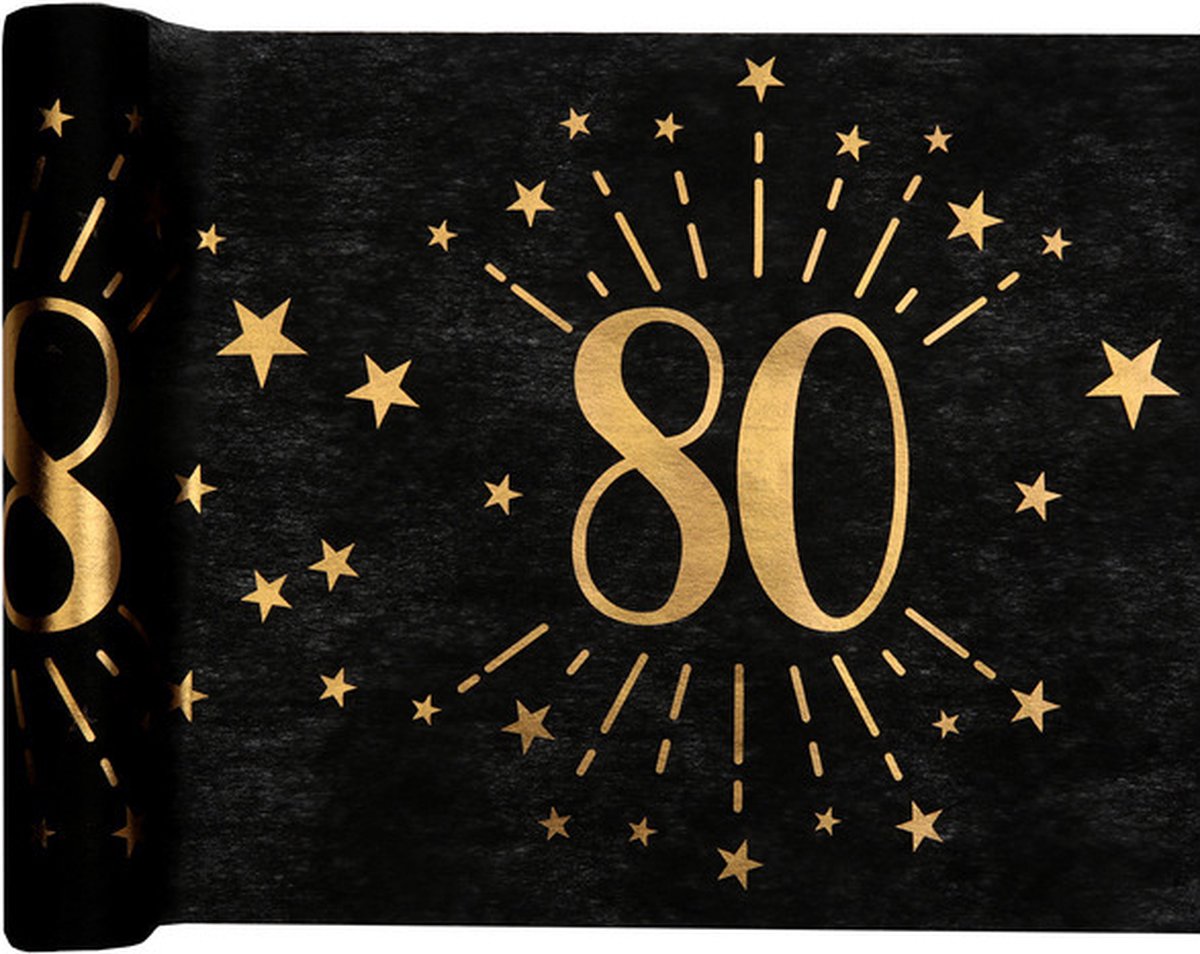 Tafelloper 80 jaar verjaardag - 30 x 500 cm - op rol - zwart/goud - Feestartikelen