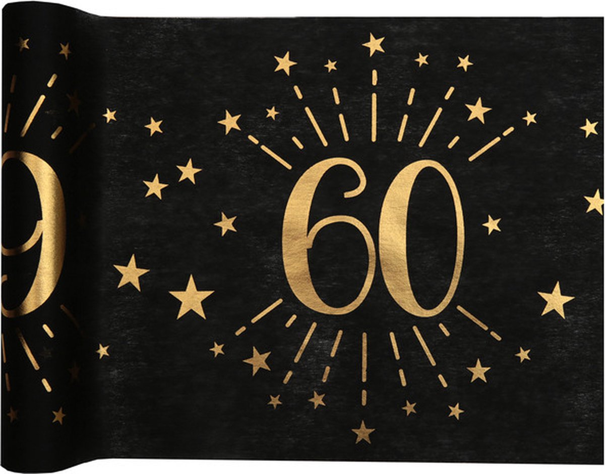 Tafelloper 60 jaar verjaardag - 30 x 500 cm - op rol - zwart/goud - Feestartikelen