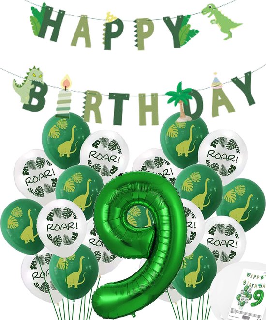 Cijfer Ballon 9 Jaar - Dinosaurus - Dino Mega pakket Ballonnen en Feestslinger - Groen - Helium Ballon - Snoes