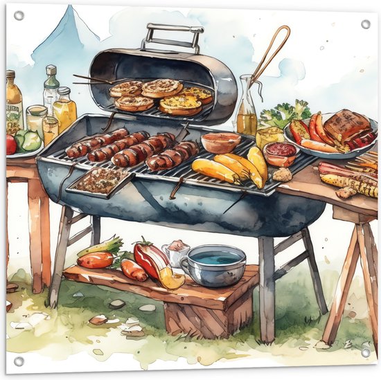 Tuinposter – Tekening met Barbecue met Eten - 80x80 cm Foto op Tuinposter (wanddecoratie voor buiten en binnen)