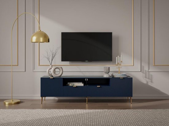 Meuble TV 2 portes, 2 tiroirs et 2 niches en MDF et acier - Blauw et doré - YESINIA L 190 cm x H 55 cm x P 61 cm