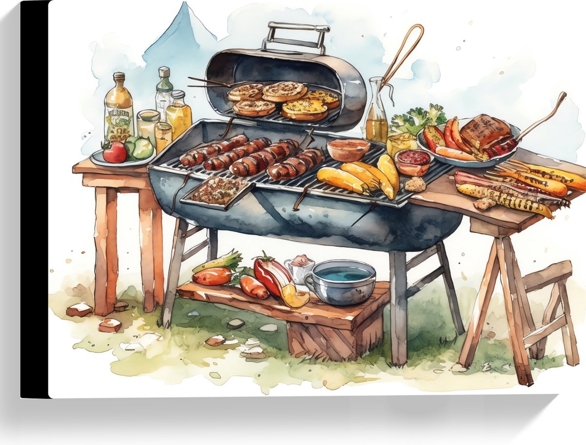 Canvas - Tekening met Barbecue met Eten - 40x30 cm Foto op Canvas Schilderij (Wanddecorati
