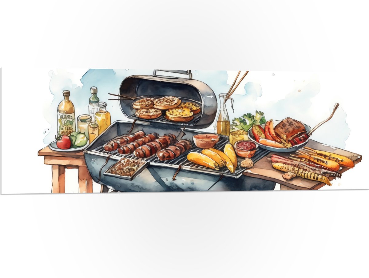 PVC Schuimplaat - Tekening met Barbecue met Eten - 120x40 cm Foto op PVC Schuimplaat (Met Ophangsysteem)