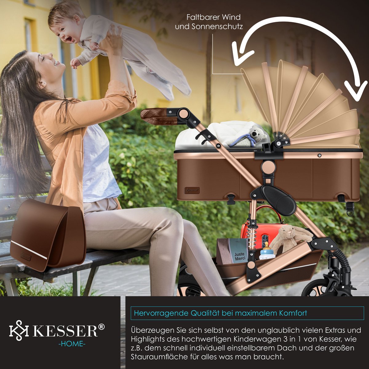 KESSER® 3 in 1 Kinderwagen Set met Autostoel en Reiswieg - Bruin/Champagne - afbeelding 3