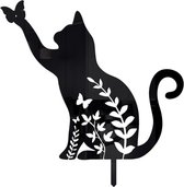 Metalen tuinsteker-zwarte kat met bloem silhouet en vangt een vlinder-29.2x30cm
