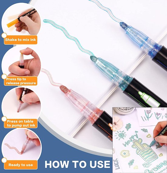 Rainbecom - Marqueurs à Paillettes - 12 Couleurs Marqueurs de Contour Métalliques - Marqueurs à Paillettes Marqueurs de Couleur Stylos à Paillettes - Épaisseur de Ligne 2mm