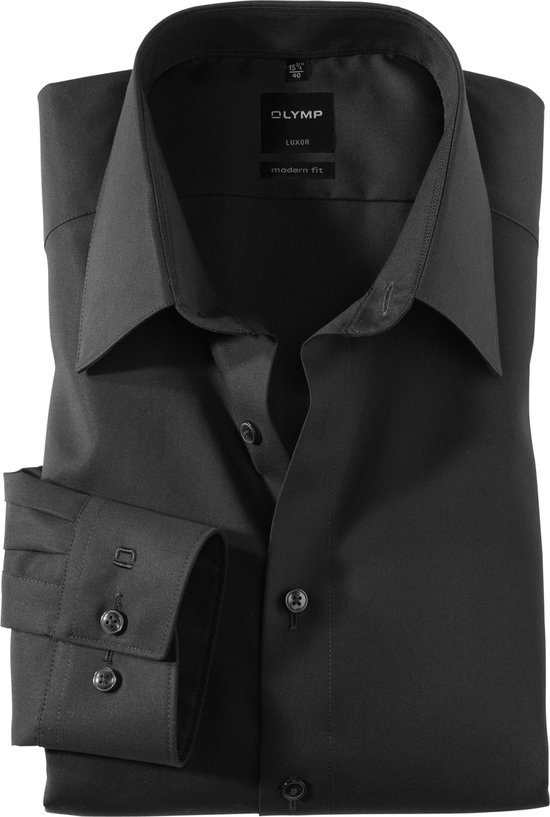 OLYMP Luxor modern fit overhemd - zwart zonder borstzak - Strijkvrij - Boordmaat: