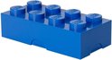 Een blauwe LEGO opbergdoos, gevormd als een steen met acht noppen.