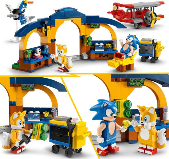 Gedetailleerde weergave van de LEGO Sonic werkplaats, inclusief een gereedschapskar en minifiguren van Sonic en Tails.
