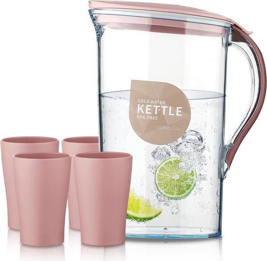 Babyflesje - Waterkoker, met deksel en 4 kleine kopjes, geschikt voor thee, sap en koude dranken, 2.1L waterkoker, gemaakt van transparant PET, geurloze vezel plastic waterkoker, BPA vrij (rood)