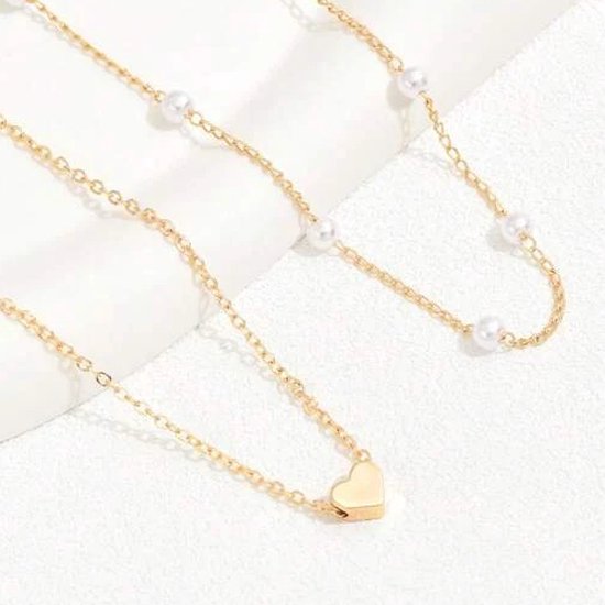 Ketting Met Hartje En Parel Goud Kleurig Staal 2 delig Ketting Met 