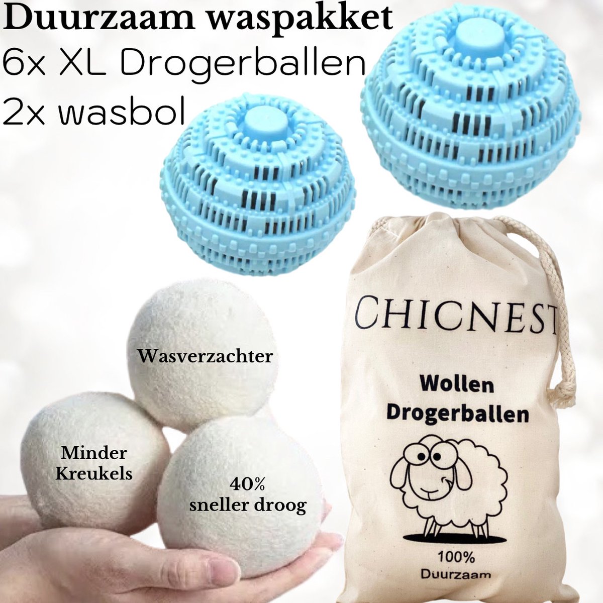 CHICNEST DUURZAAM WASPAKKET - 6XL Drogerballen + Ecologische wasmachine bollen - wassen zonder wasmiddel - wasmachine ballen - drogerbollen - duurzaam wassen