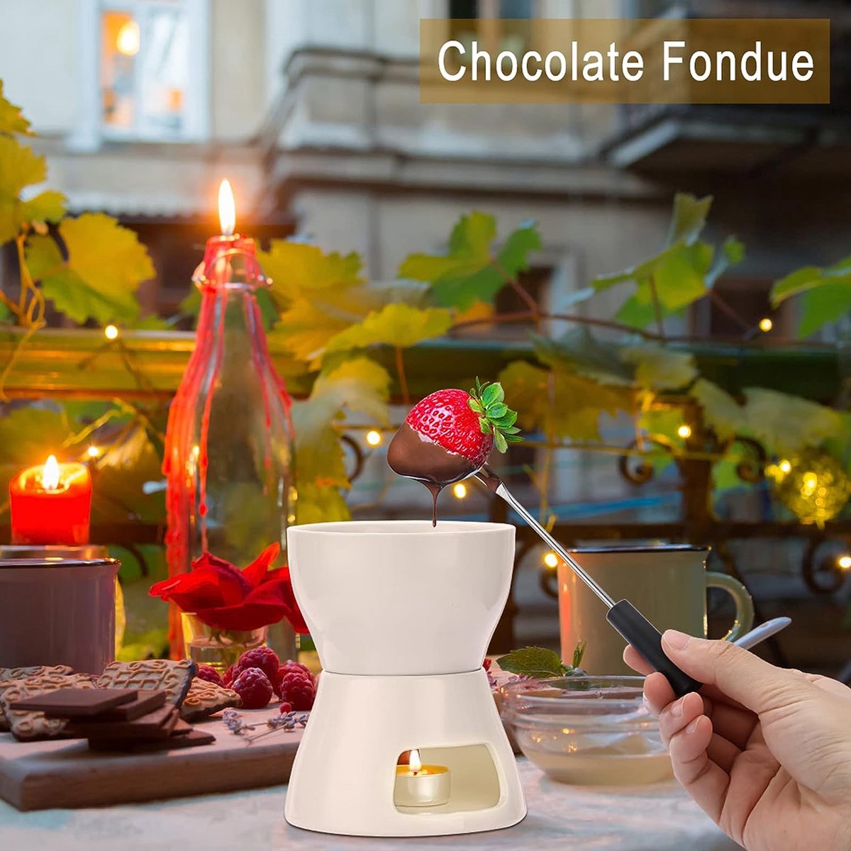 Service à fondue au chocolat en céramique avec palette en bois, 4