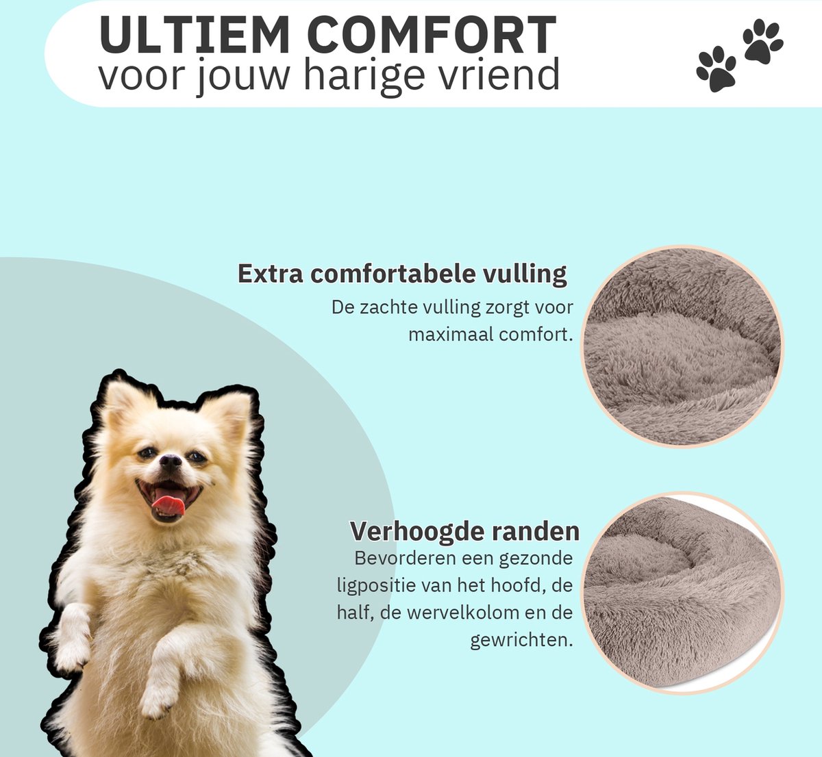 Donut Hondenmand - Kattenmand - Maat M - 60cm (ligvlak van 45cm) - Kaki - Fluffy en Wasbaar thumbnail 5