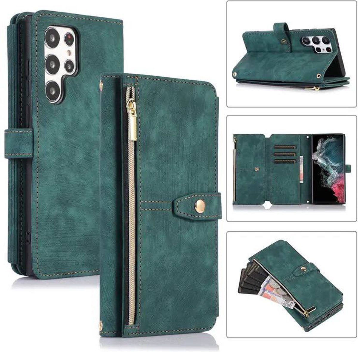 Hoesje Samsung galaxy S22 Plus Groen hoesje-Book Case – Portemonnee Hoesje – Wallet book case - ruimte voor Extra pasje en munten-super stevige hoesje portemonnee Samsung S22 Plus