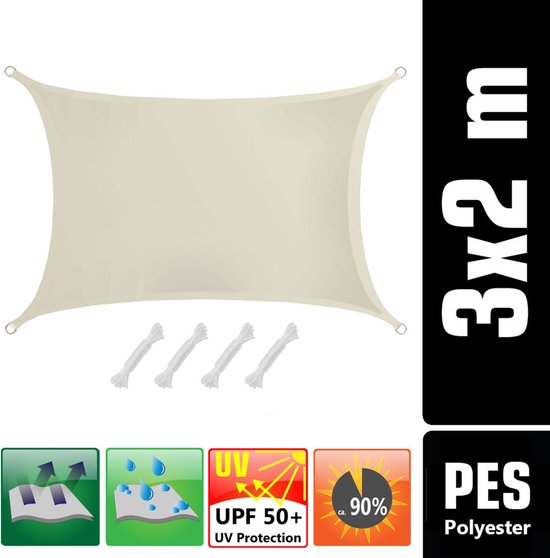 Beige rechthoekig schaduwdoek van 3x2m, met 4 touwen, UPF 50+ UV-bescherming en 90% schaduw.