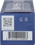 Zijkant van de blauwe Hugo Boss Bottled Infinite parfumdoos met productinformatie, een QR-code en streepjescode.