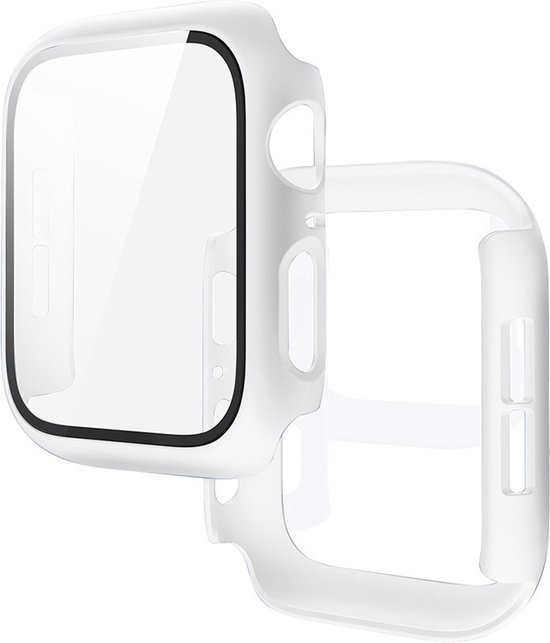Een witte horlogekast met screenprotector, los van een andere witte horlogekast.