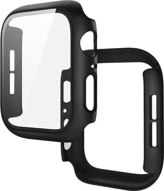 Zwarte smartwatch case met transparante schermprotector, los van de watch.