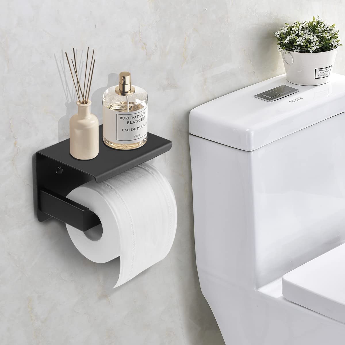 Tolussa Porte-papier toilette noir avec étagère - Porte-papier toilette  Zwart avec
