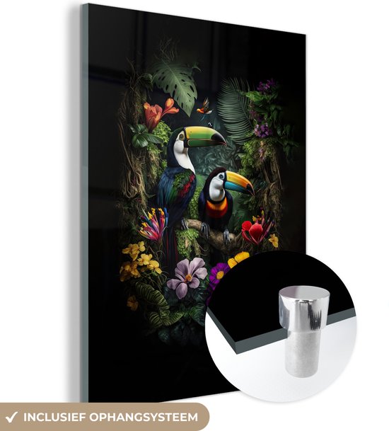 MuchoWow® Glasschilderij 30x40 cm - Schilderij acrylglas - Toekan - Bloemen - Tropisch - Jungle - Vogel - Foto op glas - Schilderijen