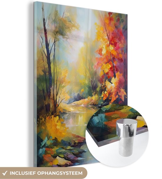MuchoWow® Glasschilderij 90x120 cm - Schilderij acrylglas - Landschap - Olieverf - Rivier - Kleurrijk - Foto op glas - Schilderijen