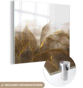MuchoWow® Glasschilderij 50x50 cm - Schilderij acrylglas - Marmer - Goud - Bruin - Textuur - Marmerlook - Foto op glas - Schilderijen