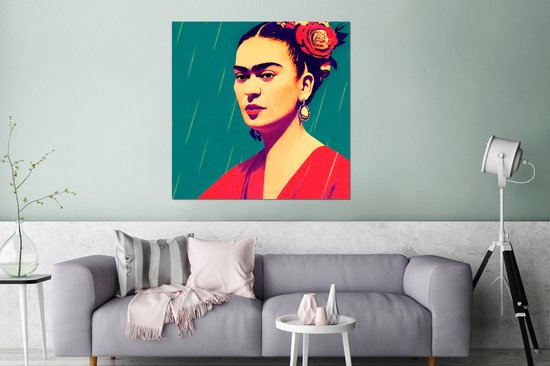 Wanddecoratie Metaal - Aluminium Schilderij Industrieel - Portret - Frida Kahlo - Vrouw - Vintage - Rood - 90x90 cm - Dibond - Foto op aluminium - Industriële muurdecoratie - Voor de woonkamer/slaapkamer