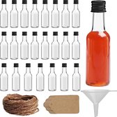 24 Pak Mini Likeur Flesjes - Herbruikbare Plastic 50 ml Lege Drankflesjes met Schroefdoppen, Jute Labels & Vloeistof Trechter voor Makkelijk Schenken/ Vullen - Miniatuur Flessen