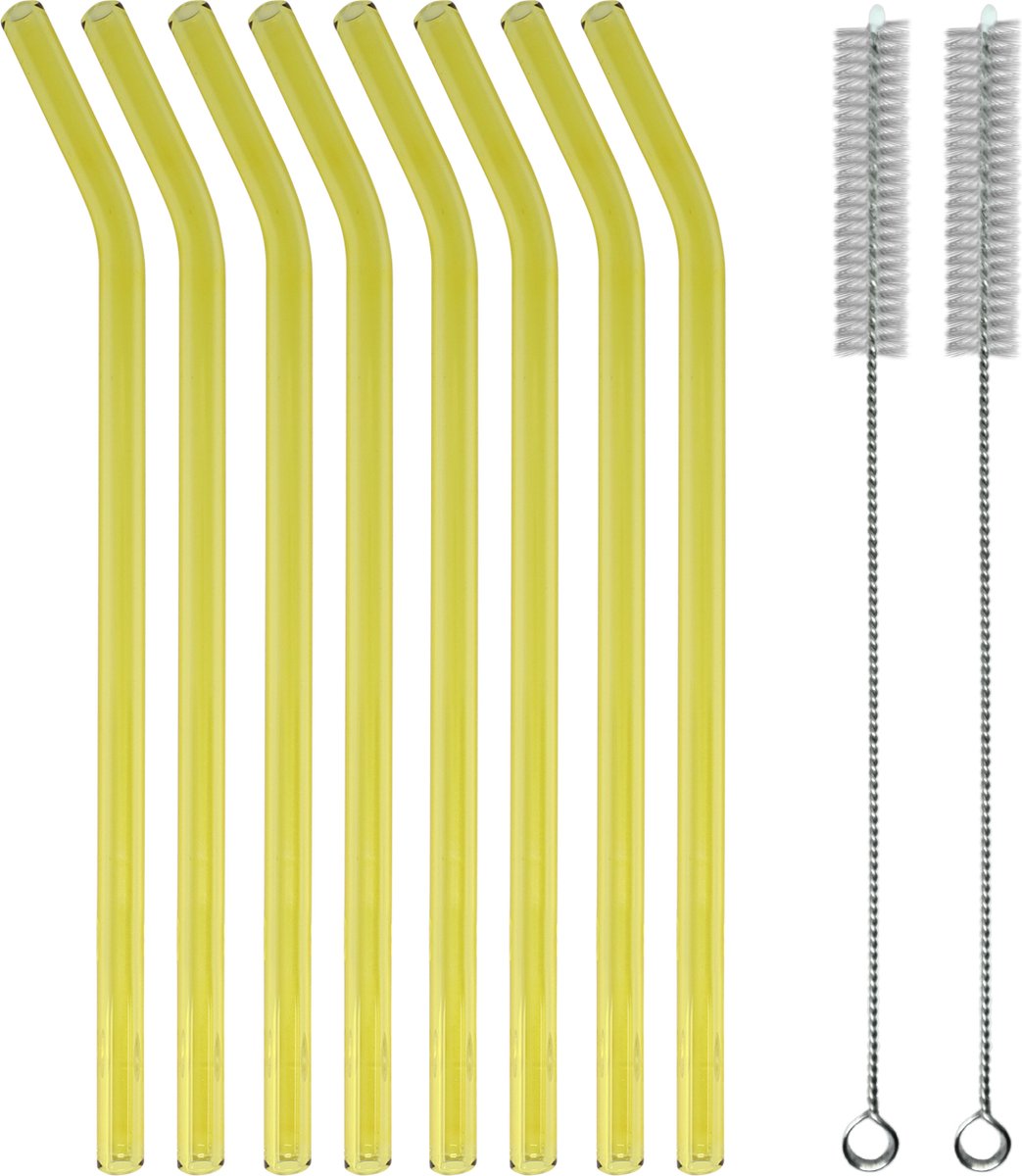 Glazen Rietjes Gebogen - Cocktail Rietjes - Tasteables - Set van 8 - Duurzaam - Herbruikbaar - Reinigingsborstel - 200mm lengte - Goud — cadeau in Koken & Dineren - foto 2