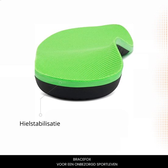 Groene Bracefox inlegzool met zwarte basis, met tekst 'Hielstabilisatie'.