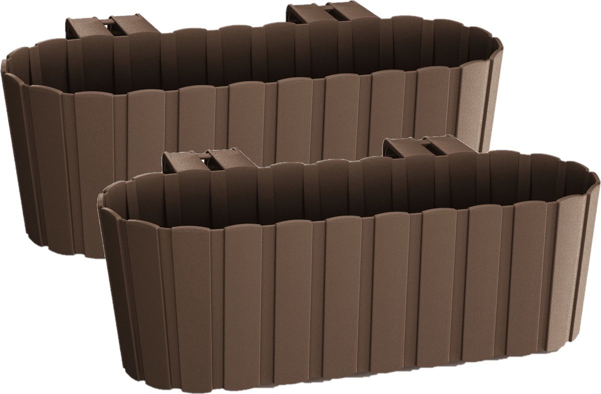 Balkon plantenbak/bloembak - Set van 4x stuks - met haken - kunststof - rechthoekige - bruin - 38 cm - Tuin/balkon decoraties