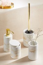 Ensemble de toilette Odos, porte-balais de haute qualité en polyrésine robuste à l'aspect marbre, y compris brosse de toilette, Ø 7,5 x 37 cm, blanc/or