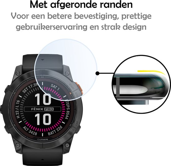 Zwarte Garmin Fenix 7X Pro met schermprotector met afgeronde randen, met detailweergave.