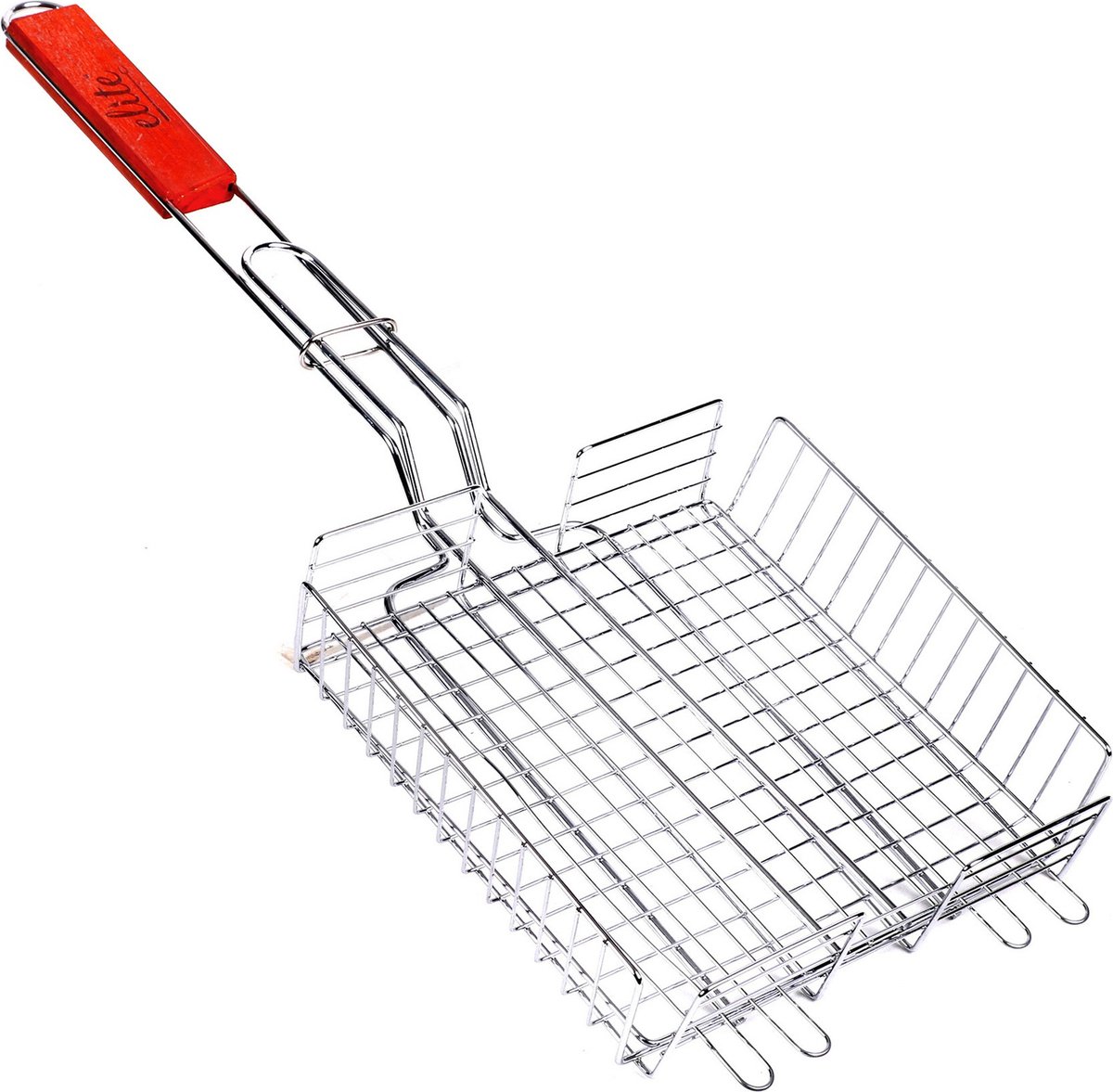 Elite BBQ rooster - grill mand - metaal/hout - 22x58x5 cm - vlees/vis/groente - barbecue braadrooster